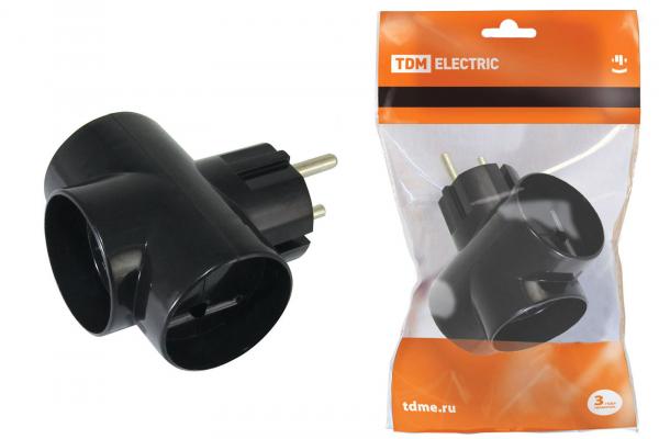 TDM Разветвитель 3 гнезда без заземляющих контактов Черный 3х2П 16А 250B (тройник) SQ1806-0042