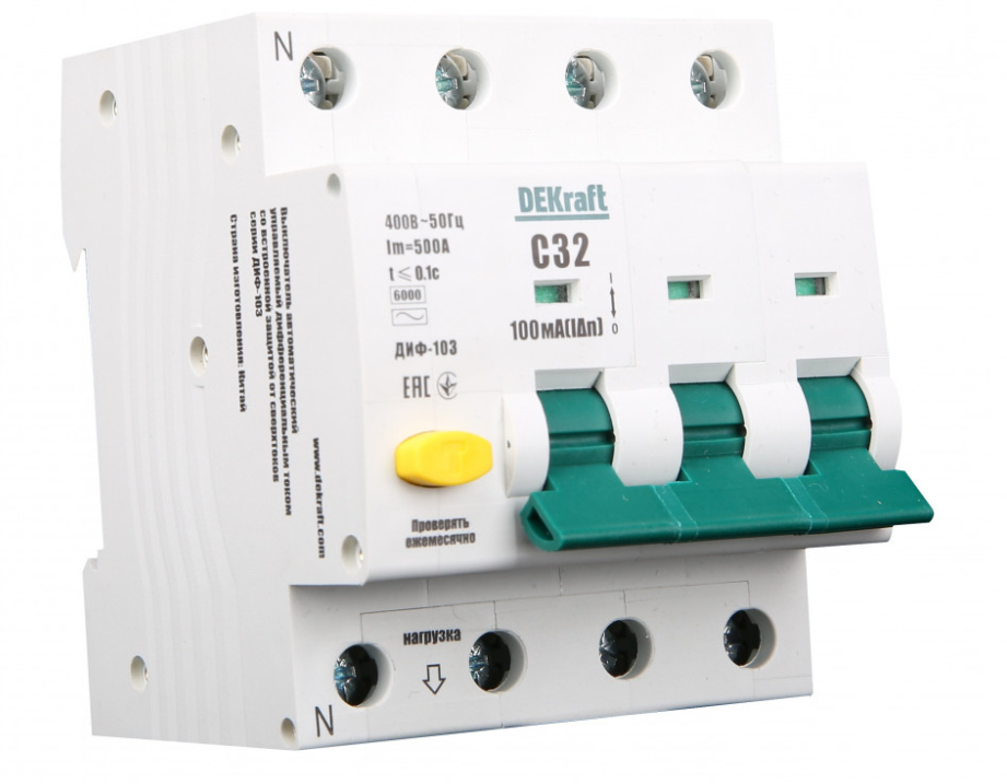 Дифференциальный автомат  3П+N  25А  100мА  DEKraft  тип AC  характеристика С  АВДТ  ДИФ-103  6кА