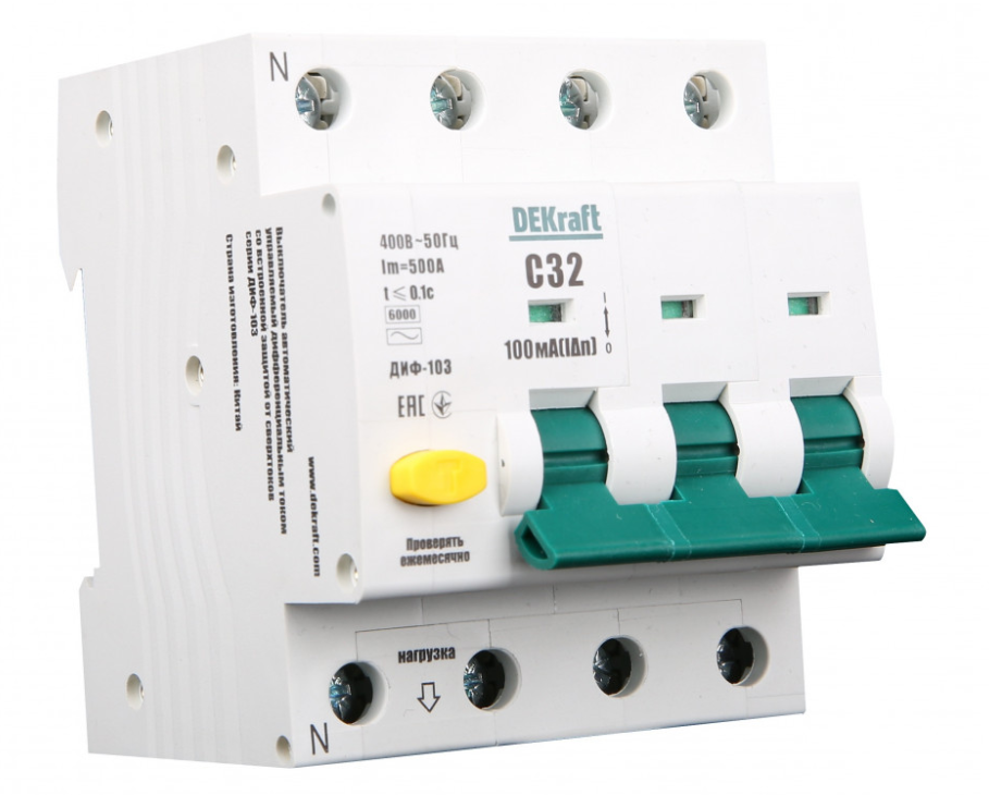 Дифференциальный автомат  3П+N  16А  30мА  DEKraft  тип A  характеристика С  АВДТ  ДИФ-103  6кА