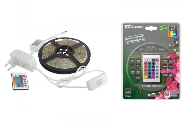 TDM Лента  IP20  12V   7,2Вт/м  RGB   SMD5050-30 LED/м-12 В-7,2 Вт/м-IP20-RGB (5 м), 24 Вт, IR-контроллер К